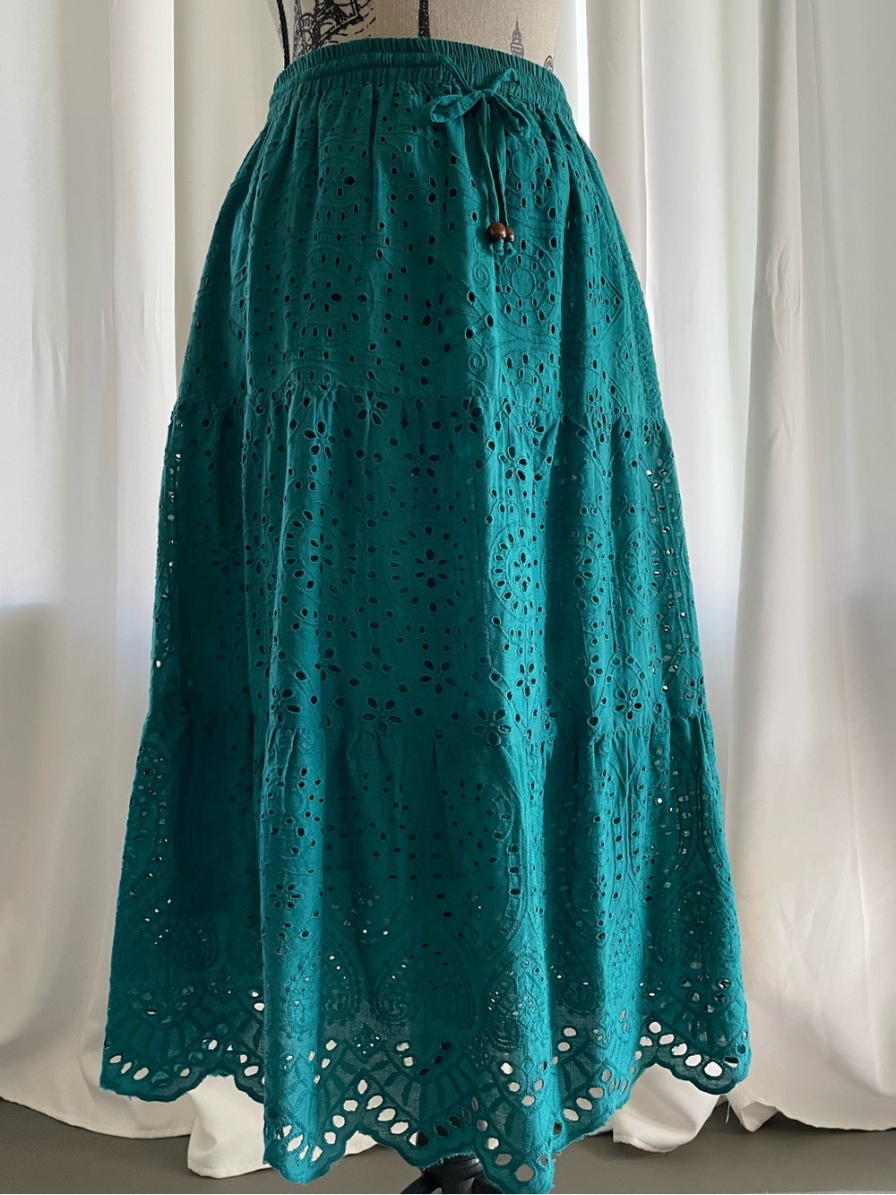 Women's Teal Eyelet Lace Tiered Midi Skirt